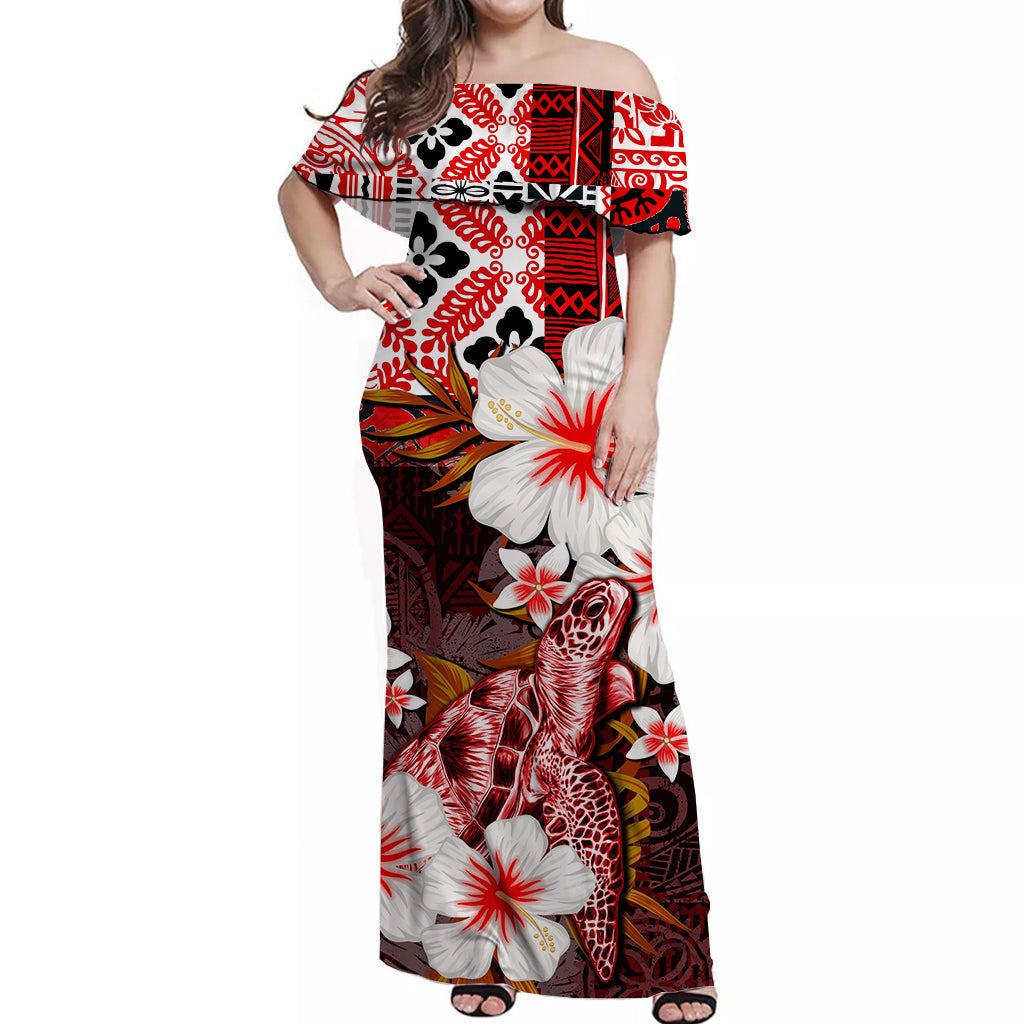 Hawaii Turtle Off Shoulder Long Dress Red Style