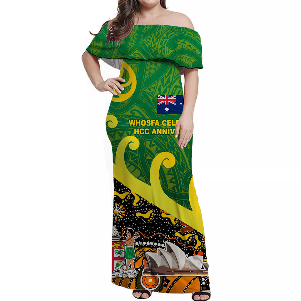 Whosfa Celebrates HCC Anniversary Fiji Australia Aboriginal Off Shoulder Long Dress Silver Fern Koru Vibes Green