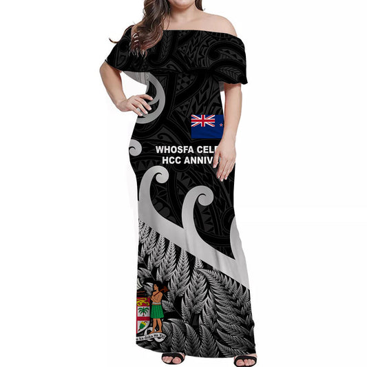 Whosfa Celebrates HCC Anniversary Fiji New Zealand Maori Off Shoulder Long Dress Silver Fern Koru Vibes Black