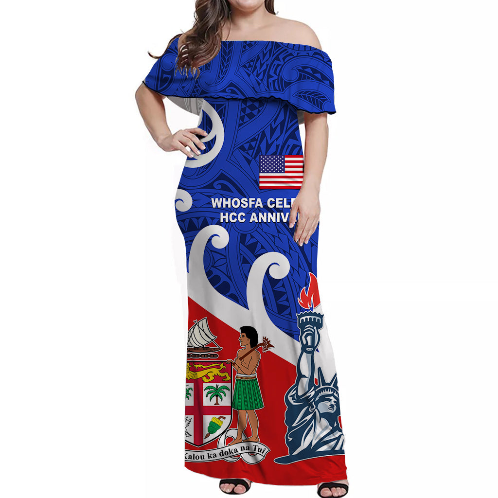 Whosfa Celebrates HCC Anniversary Fiji USA Off Shoulder Long Dress Silver Fern Koru Vibes