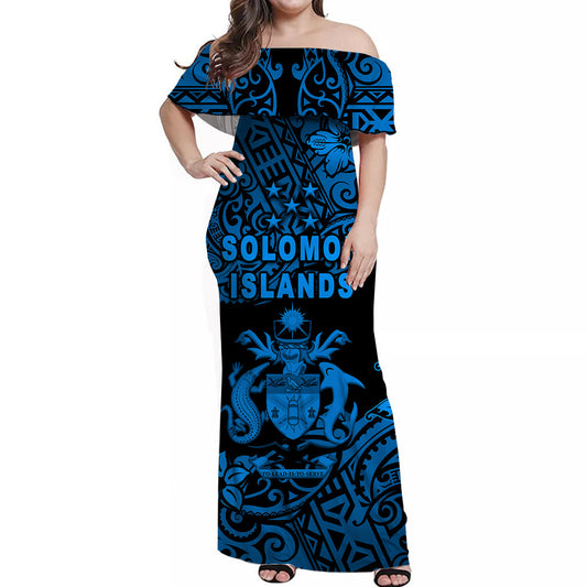 Solomon Islands Off Shoulder Long Dress Unique Vibes Blue