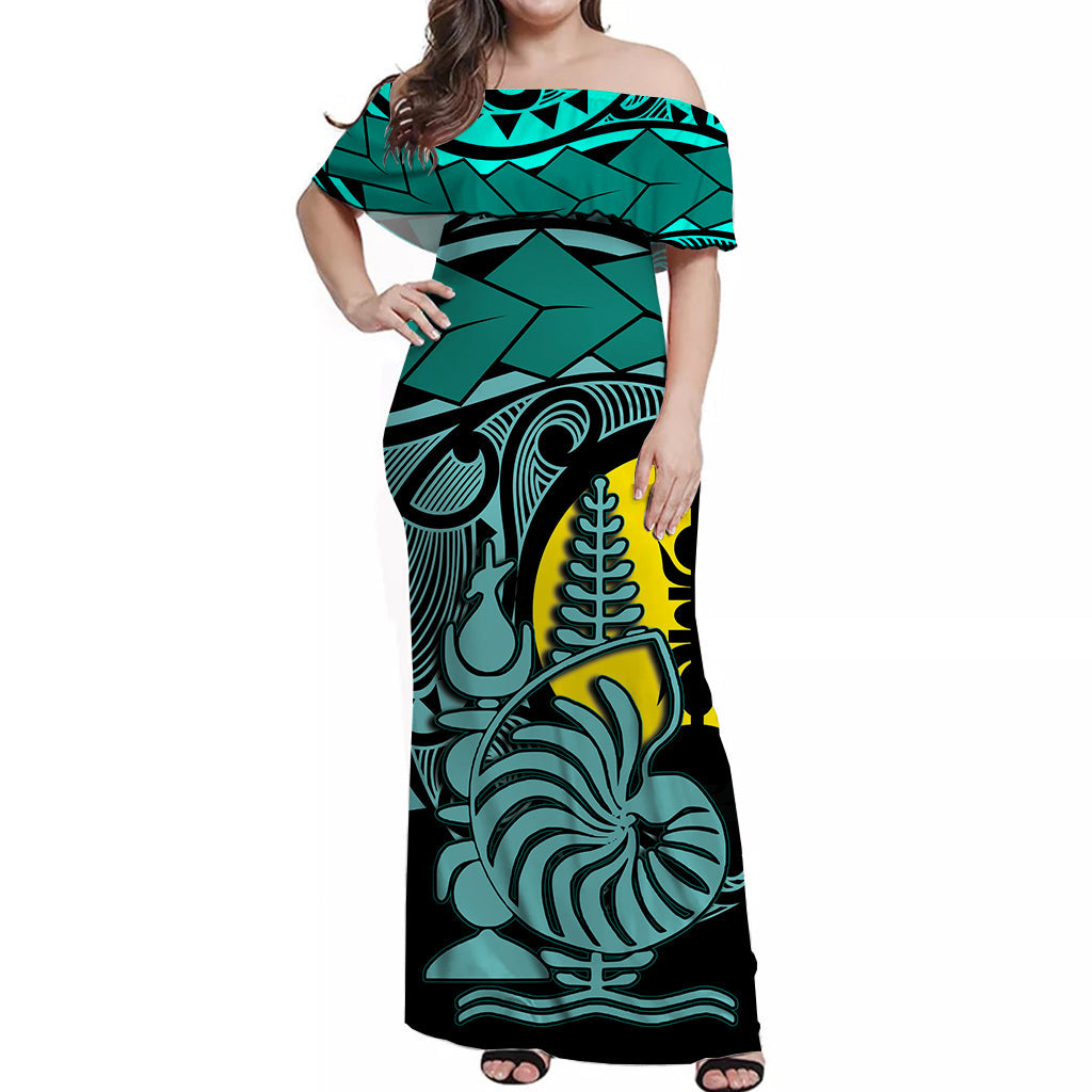 New Caledonia Off Shoulder Long Dress Turquoise Color