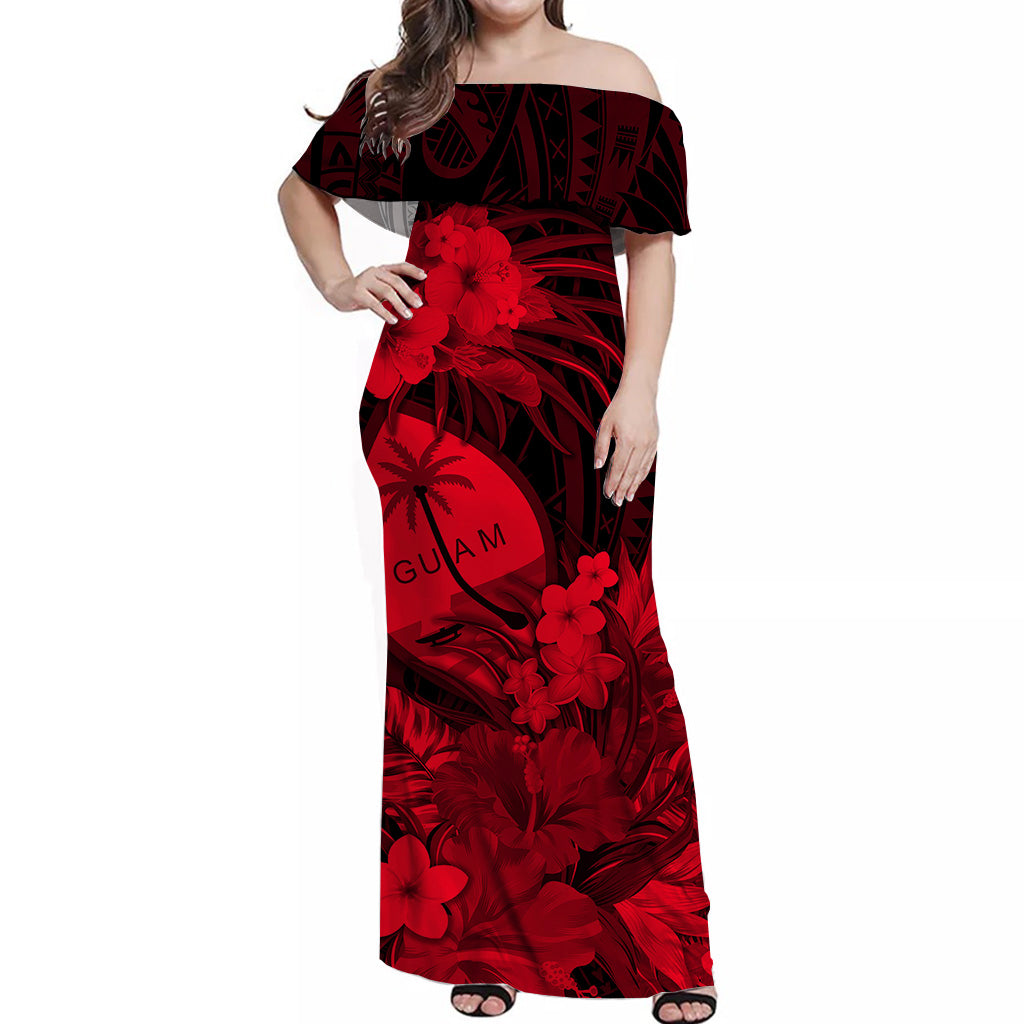 Guam Polynesian Off Shoulder Long Dress Tropical Flowers Red