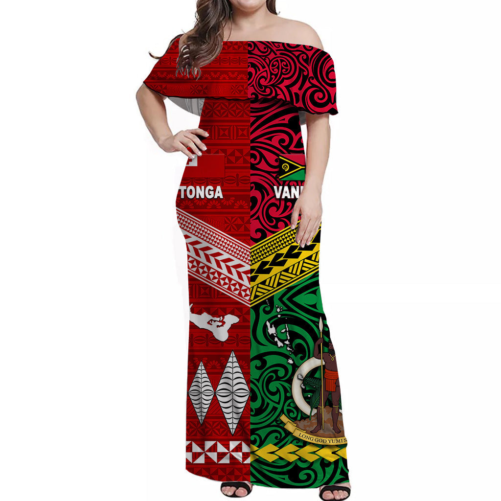 Vanuatu And Tonga Off Shoulder Long Dress Polynesian Together Bright Red