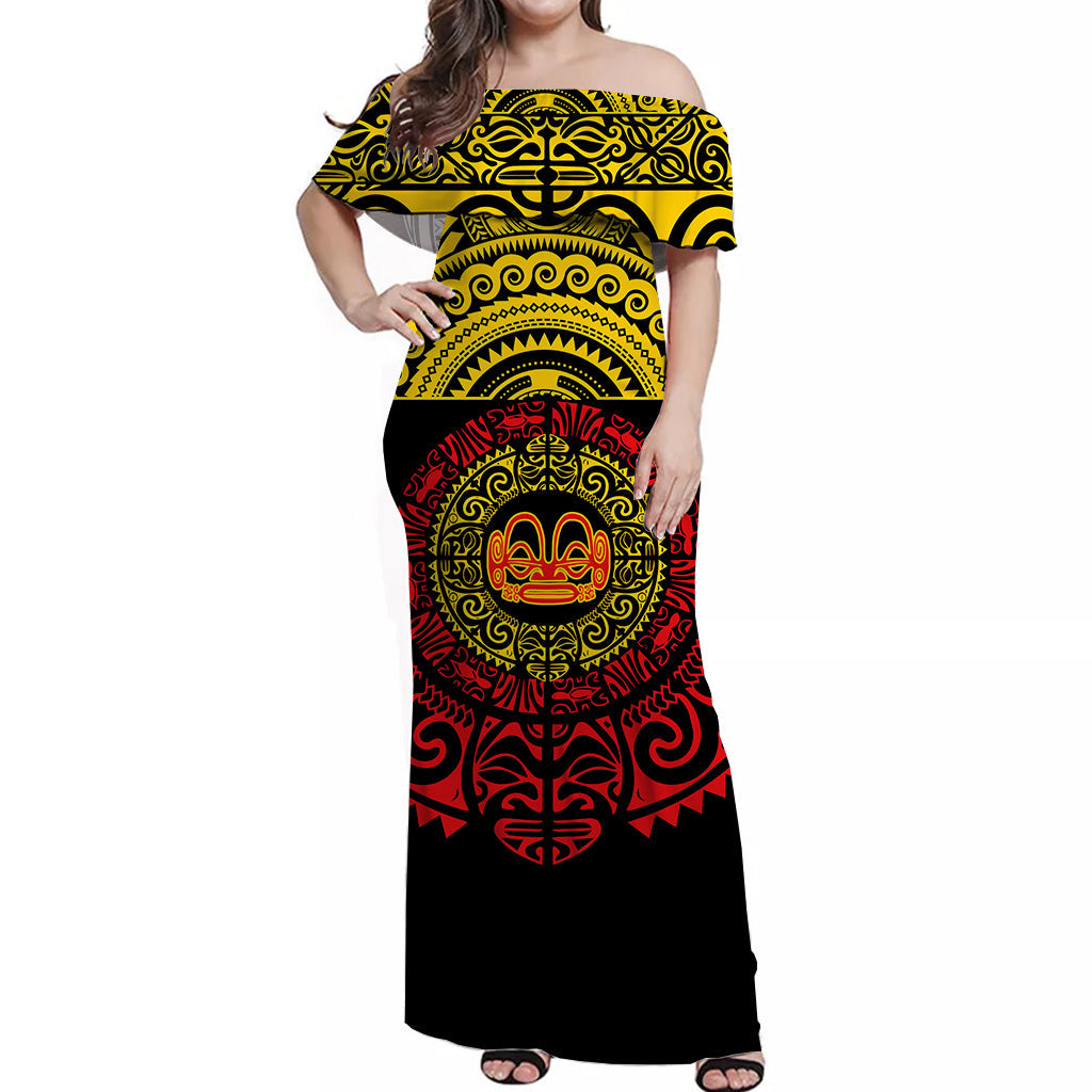 Marquesas Islands Off Shoulder Long Dress Simplified Version Yellow Red