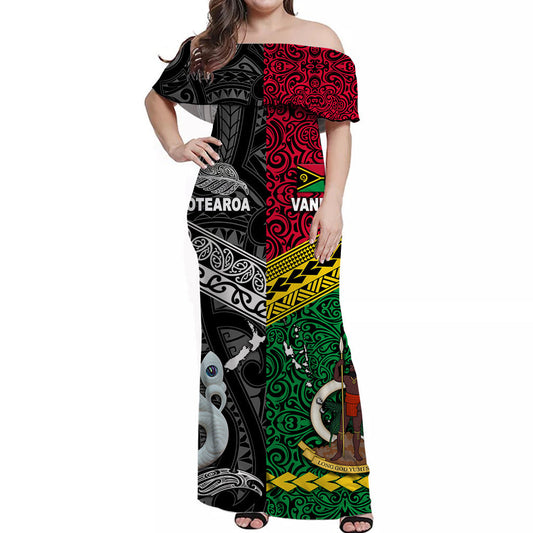 Vanuatu And New Zealand Off Shoulder Long Dress Together Black