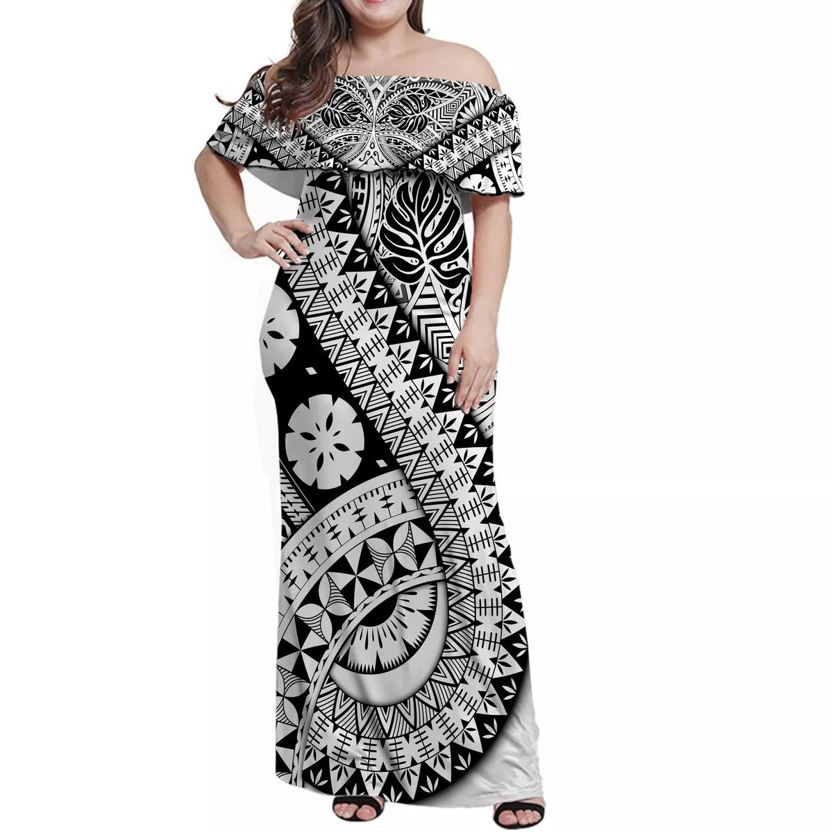 Polynesian Masi Kesa No2 Black Style Women Off Shoulder Long Dress