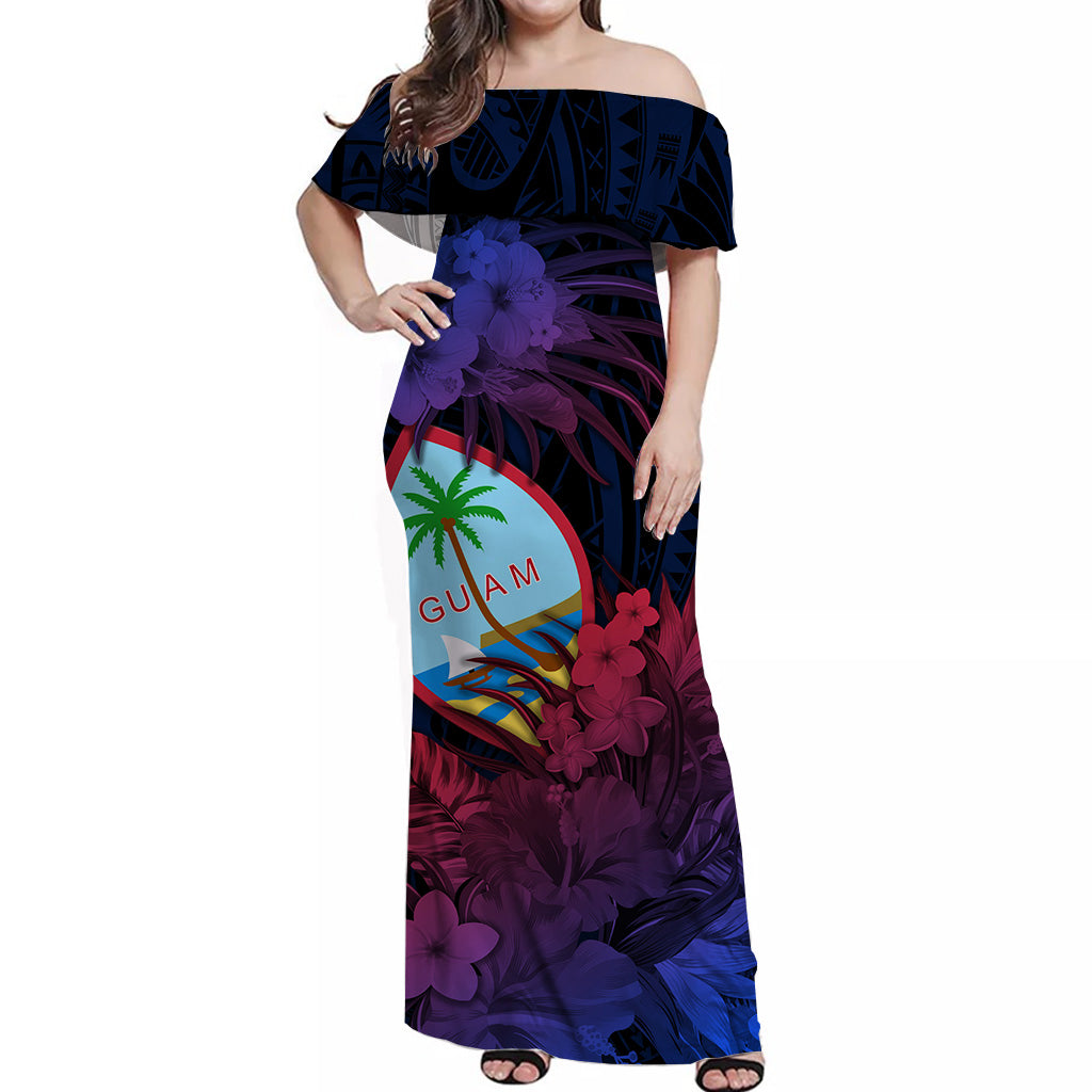 Guam Polynesian Off Shoulder Long Dress Tropical Flowers Gradient Vibes