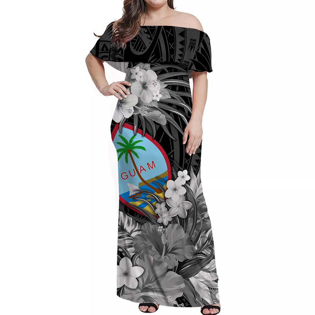 Guam Polynesian Off Shoulder Long Dress Tropical Flowers Black