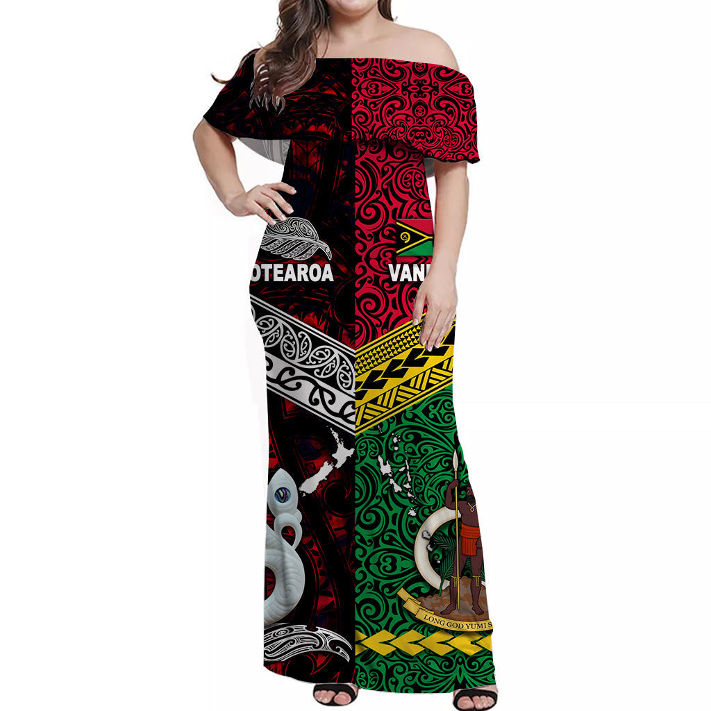 Vanuatu And New Zealand Off Shoulder Long Dress Together Red