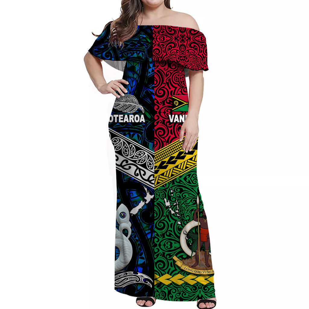 Vanuatu And New Zealand Off Shoulder Long Dress Together Blue
