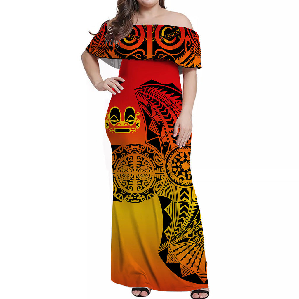 Marquesas Islands Off Shoulder Long Dress Original Style Gradient Red