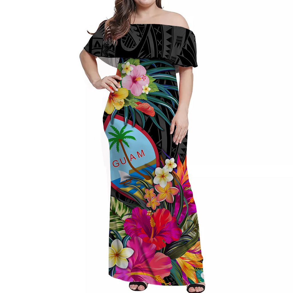 Guam Polynesian Off Shoulder Long Dress Tropical Flowers Colorful Vibes