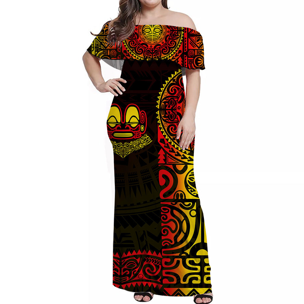 Marquesas Islands Off Shoulder Long Dress Unique Style Gradient Red