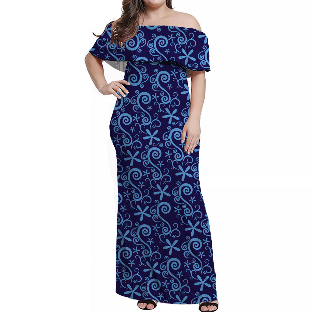 Fiji Off Shoulder Long Dress Blue Pattern Vibes