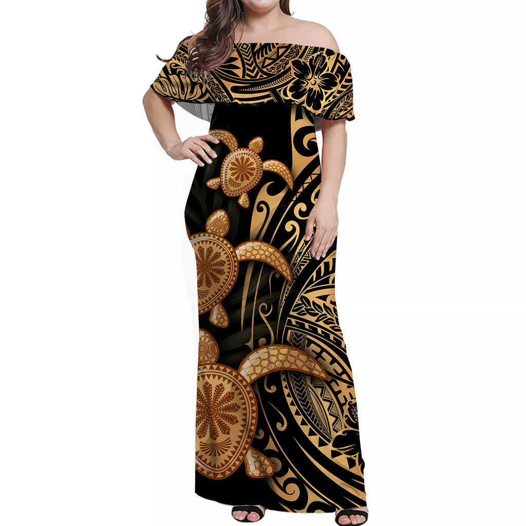 Polynesian Turtle Off Shoulder Long Dress Honu Family Gold