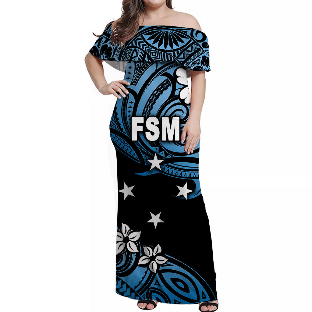 FSM Federated States of Micronesia Off Shoulder Long Dress Unique Vibes Blue NO.1