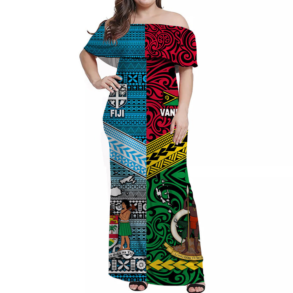Vanuatu And Fiji Off Shoulder Long Dress Together Bright Color