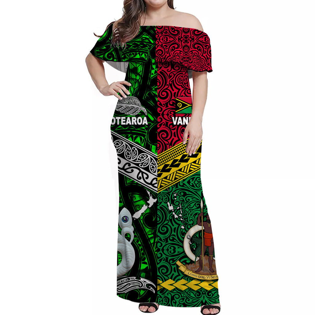 Vanuatu And New Zealand Off Shoulder Long Dress Together Green