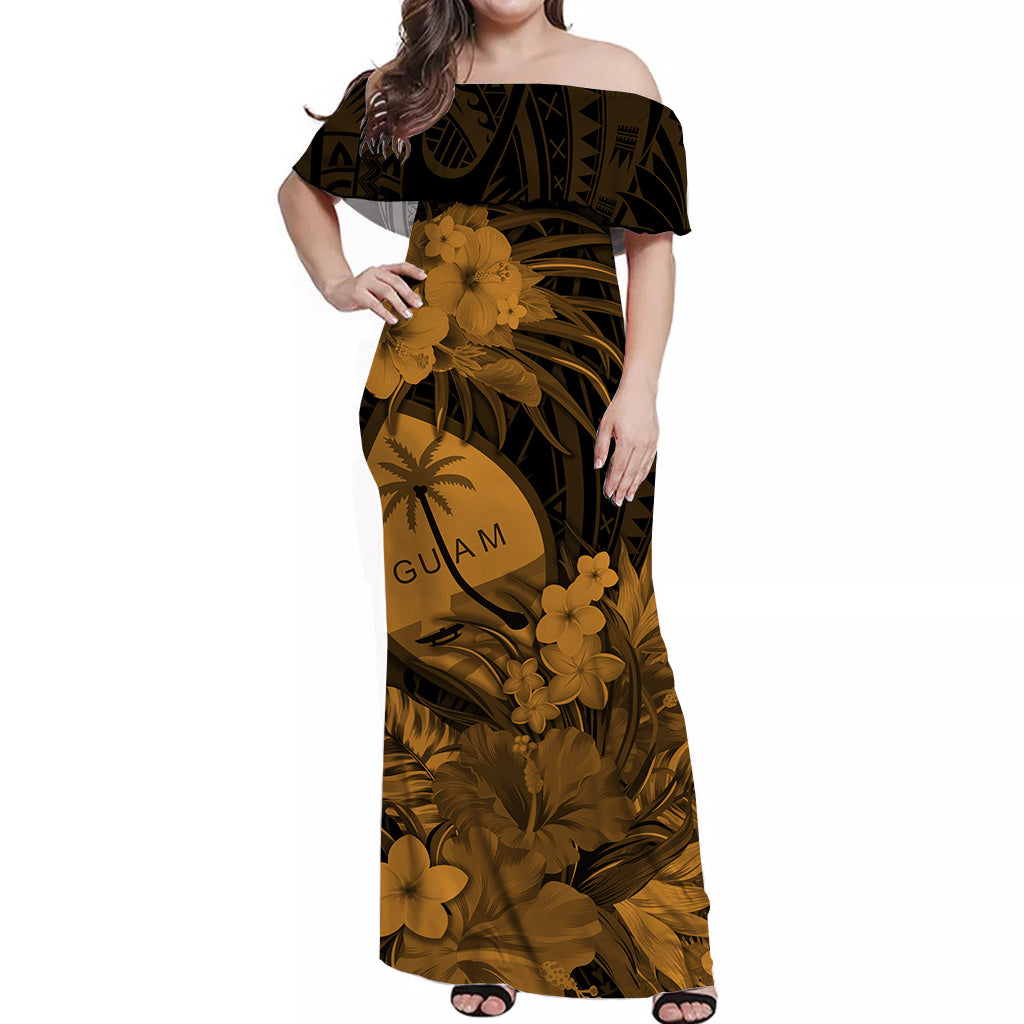 Guam Polynesian Off Shoulder Long Dress Tropical Flowers Tan