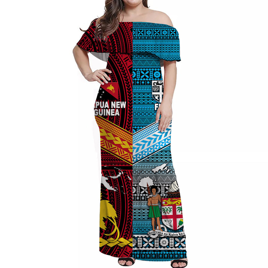 Papua New Guinea Polynesian And Fiji Tapa Together Off Shoulder Long Dress Bright Color