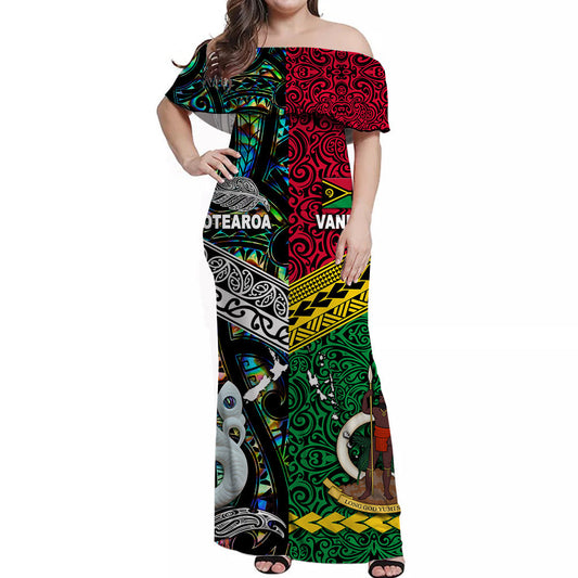Vanuatu And New Zealand Off Shoulder Long Dress Together Paua Shell