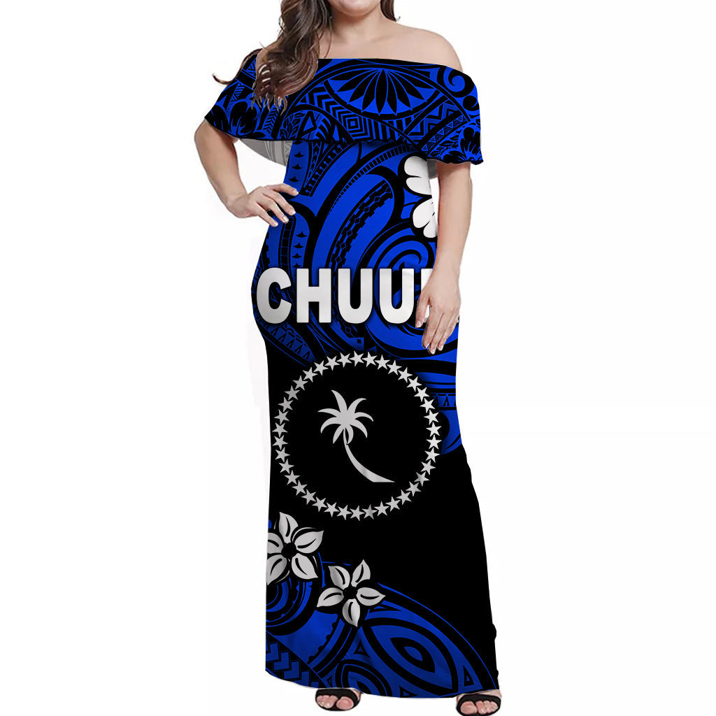FSM Chuuk Off Shoulder Long Dress Unique Vibes Blue