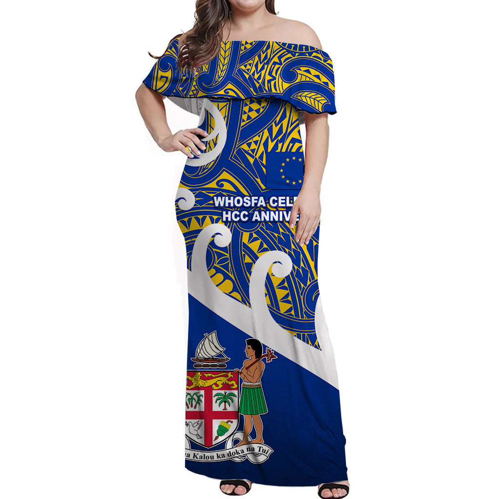 Whosfa Celebrates HCC Anniversary Fiji Europe Off Shoulder Long Dress Silver Fern Koru Vibes