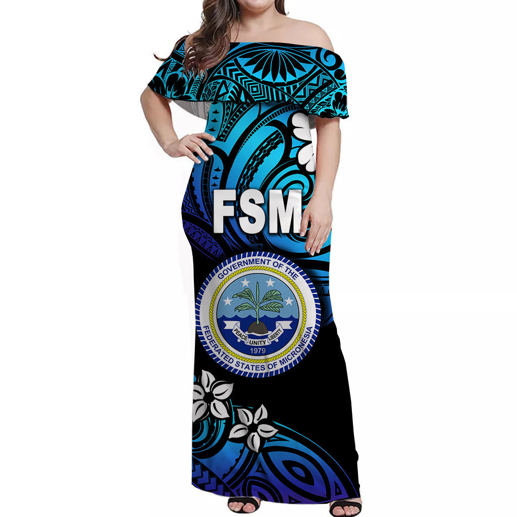FSM Federated States of Micronesia Off Shoulder Long Dress Unique Vibes Blue