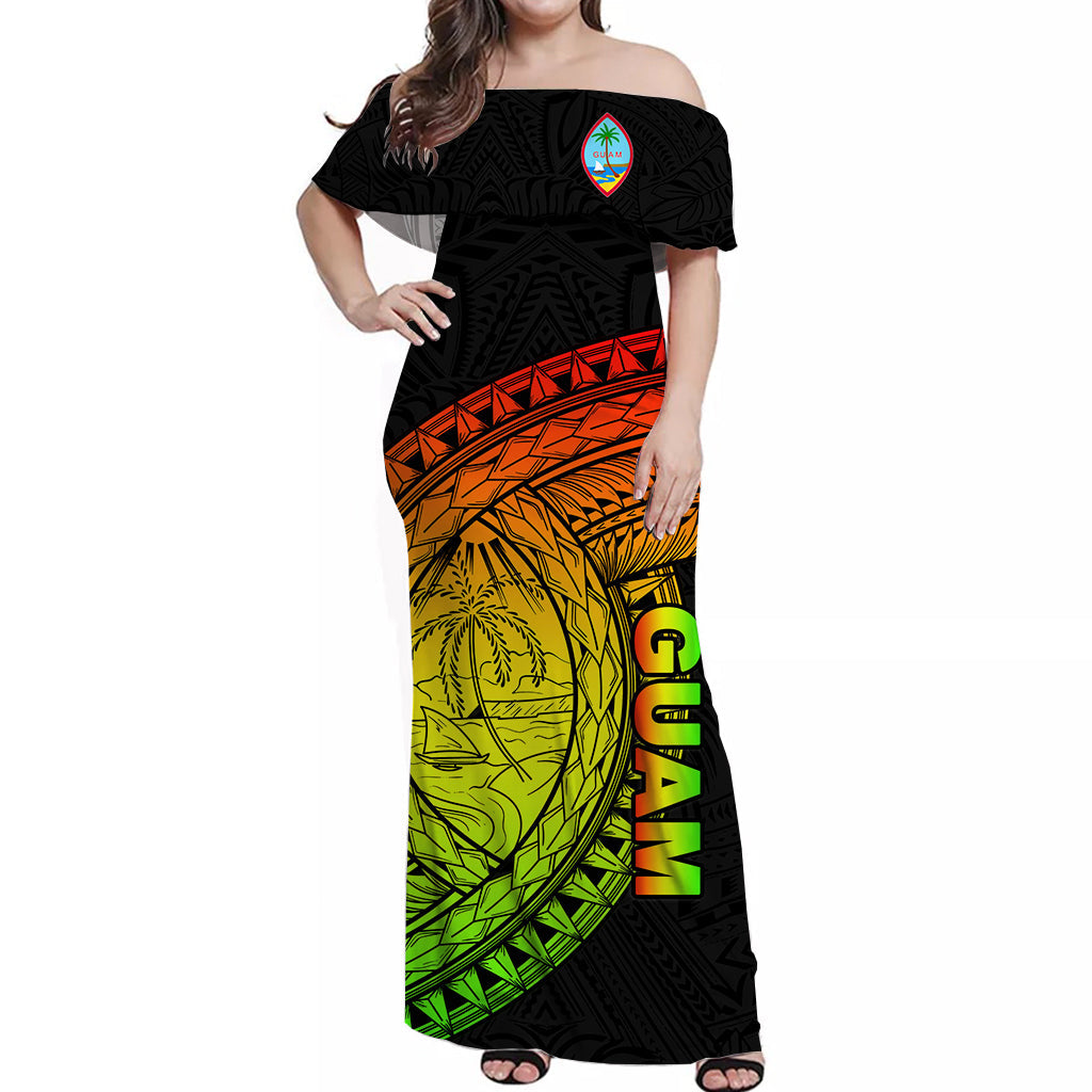 Guam Off Shoulder Long Dress Coat Of Arms Mix Polynesian