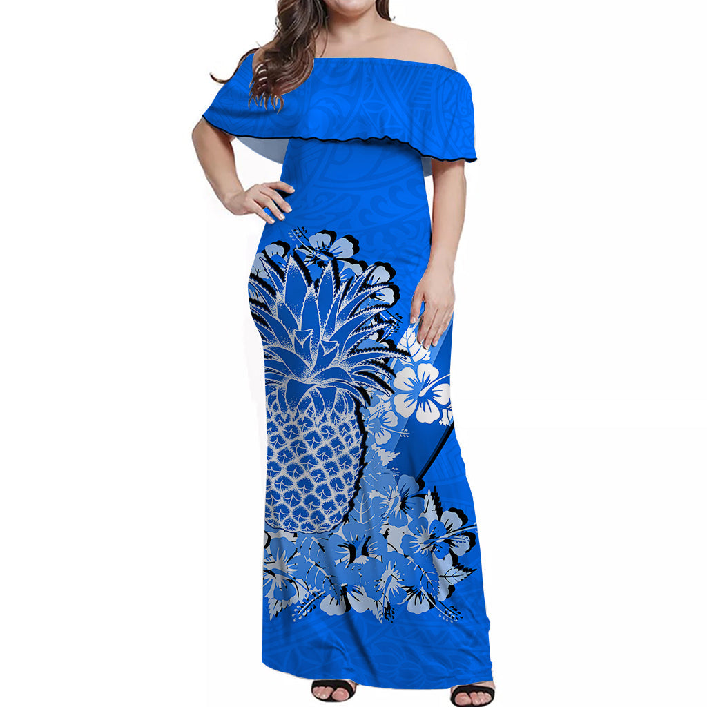 Hawaii Pineapple Off Shoulder Long Dress Polynesian Blue Style