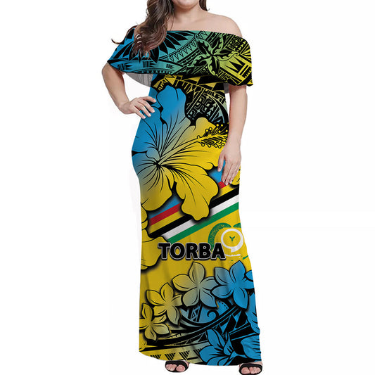 Vanuatu Torba Off Shoulder Long Dress Hibiscus Mix Polynesian