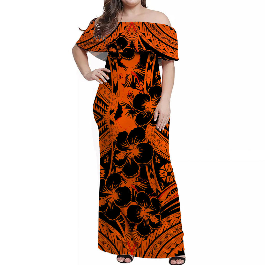 Hibiscus Off Shoulder Long Dress Fiji Patterns Orange