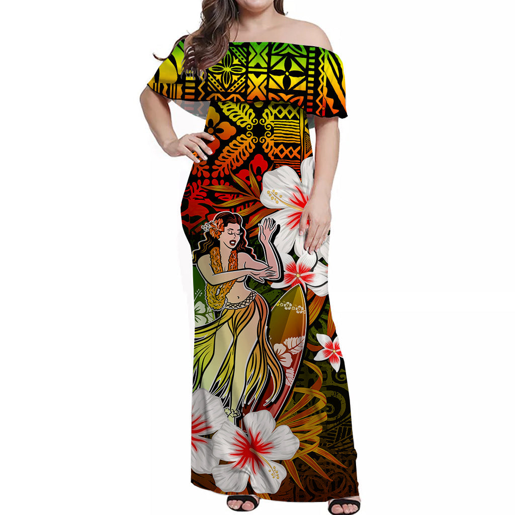 Hawaii Hula Girl Off Shoulder Long Dress Style No.2