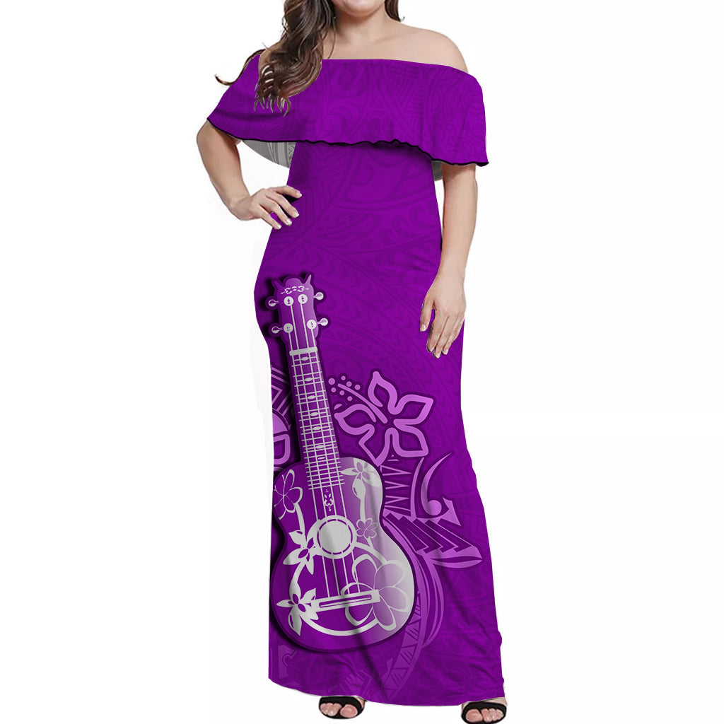 Hawaii Ukulele Off Shoulder Long Dress Polynesian Purple Style