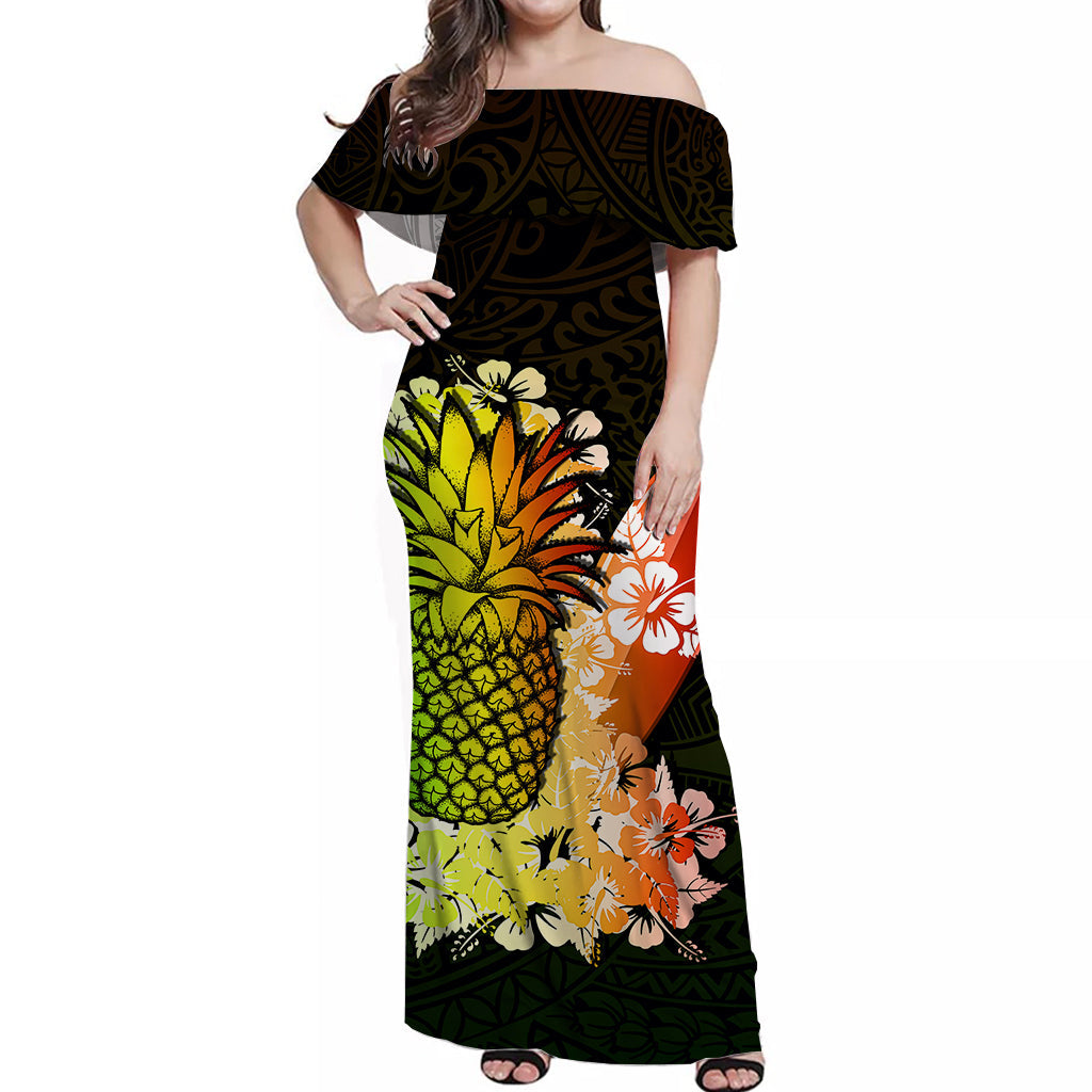 Hawaii Pineapple Off Shoulder Long Dress Polynesian Style No.1