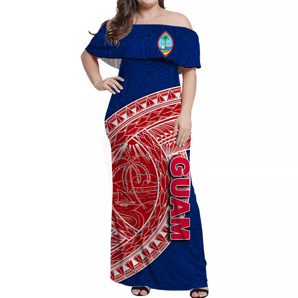 Guam Off Shoulder Long Dress Coat Of Arms Mix Polynesian Blue Color