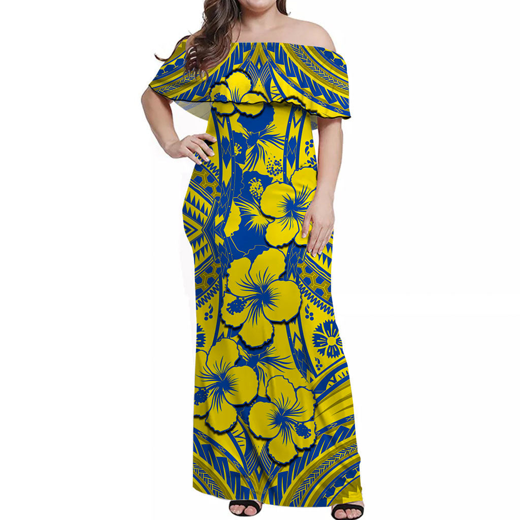 Hibiscus Off Shoulder Long Dress Fiji Patterns Yellow