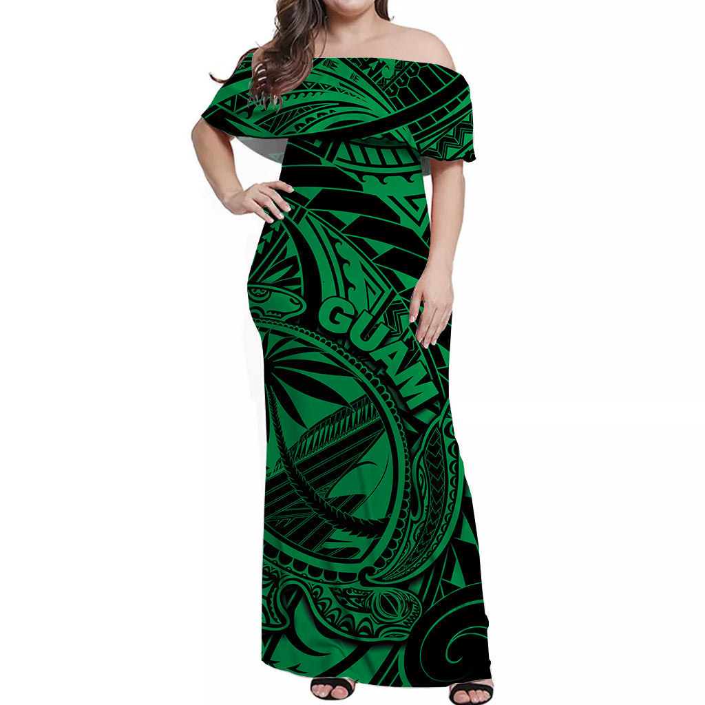 Guam Off Shoulder Long Dress Turtle Mix Polynesian Green Style