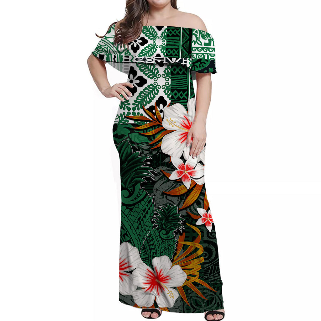 Hawaii Pineapple Off Shoulder Long Dress Green Style