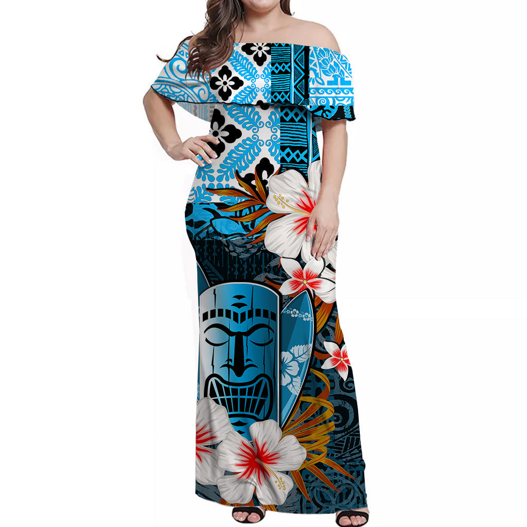 Hawaii Tiki Off Shoulder Long Dress Blue Style