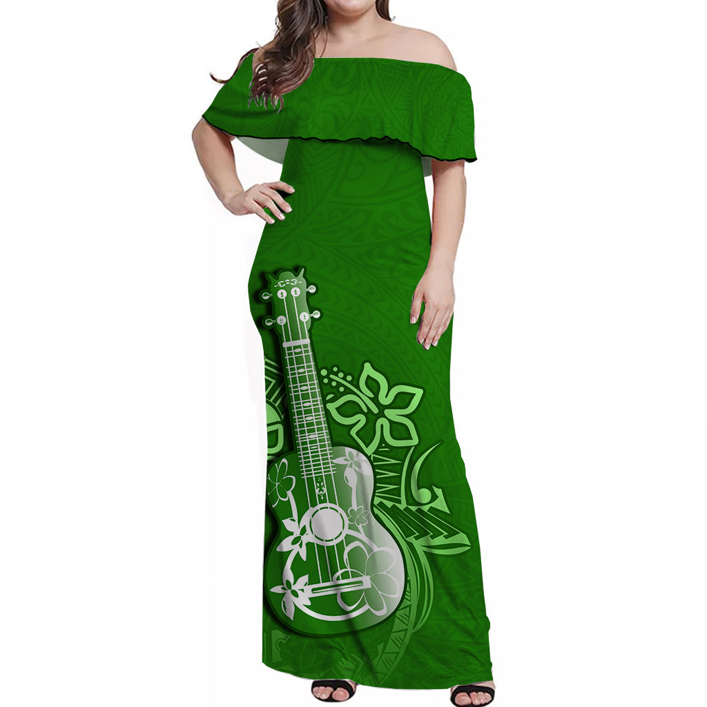 Hawaii Ukulele Off Shoulder Long Dress Polynesian Green Style