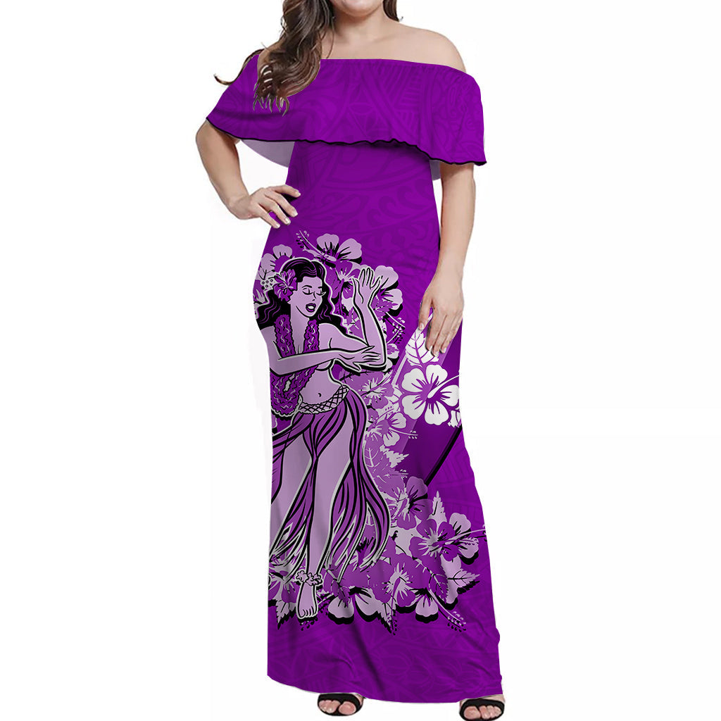 Hawaii Hula Girl Off Shoulder Long Dress Polynesian Purple Style