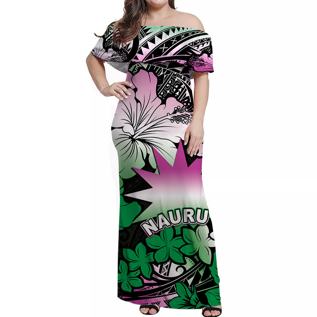 Nauru Off Shoulder Long Dress Hibiscus Mix Polynesian No.3