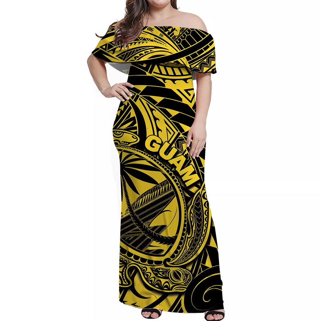 Guam Off Shoulder Long Dress Turtle Mix Polynesian Yellow Style