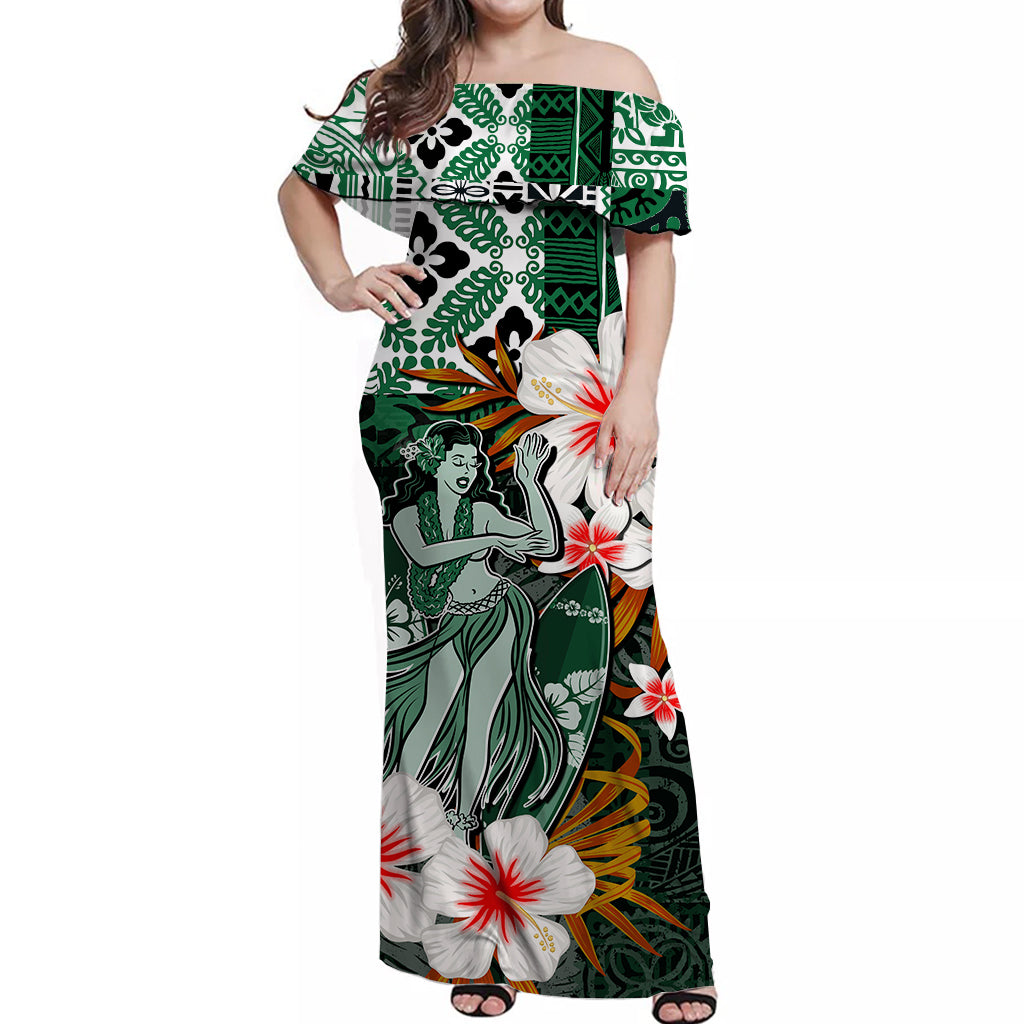 Hawaii Hula Girl Off Shoulder Long Dress Green Style