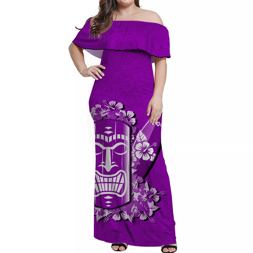 Hawaii Tiki Off Shoulder Long Dress Polynesian Purple Style