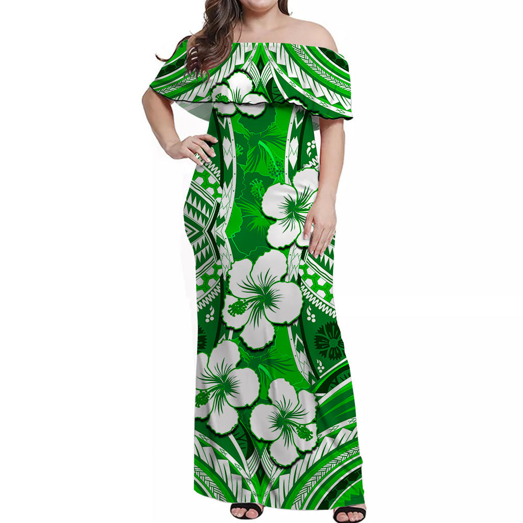 Hibiscus Off Shoulder Long Dress Fiji Patterns Green