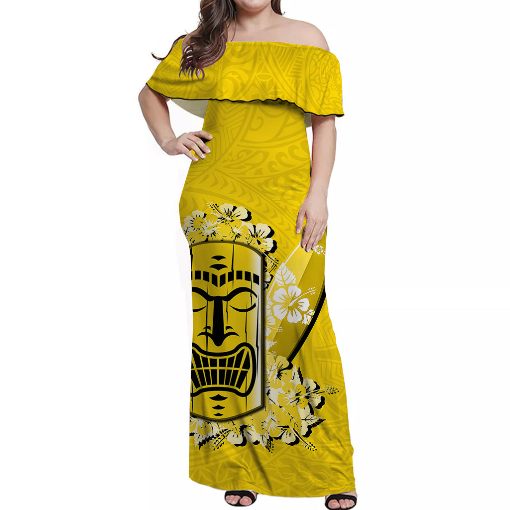 Hawaii Tiki Off Shoulder Long Dress Polynesian Yellow Style