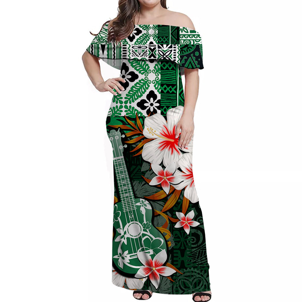 Hawaii Ukulele Off Shoulder Long Dress Green Style